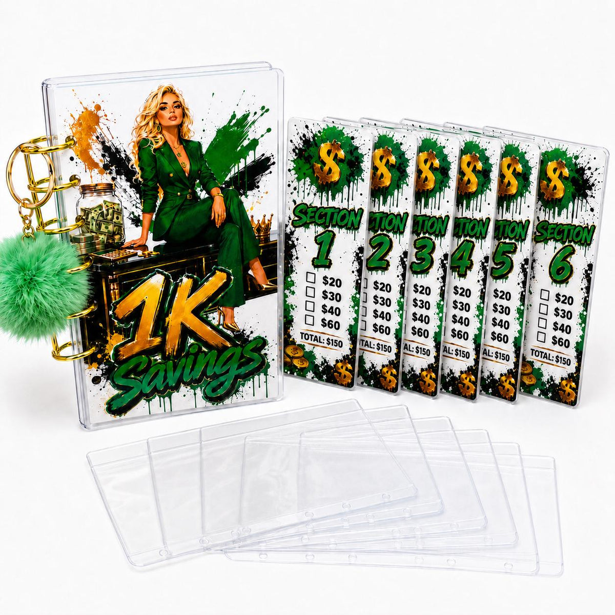 1K Savings Challenge Clear Acrylic Binder Bundle with Cash Envelopes, Trackers and Pom-Pom