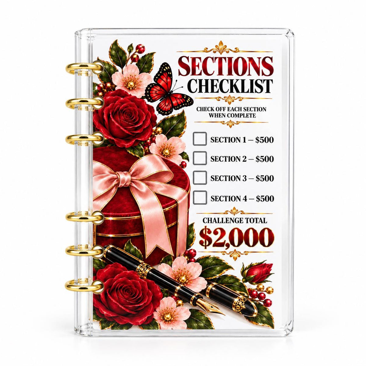 Rose Bloom 2000 Savings Challenge A6 Clear Budget Binder Cash