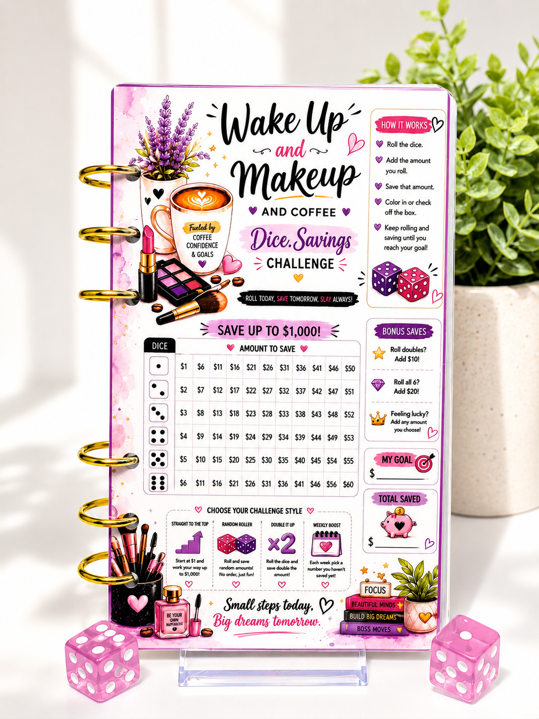Wake Up & Makeup Cash Stuffing Bundle | 6 Dice Savings Challenge Games | A6 Budget Binder Set
