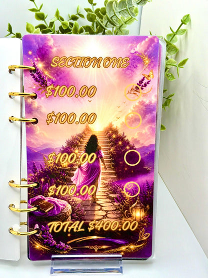 2K Savings Challenge Binder | A6 Cash Stuffing Budget Planner, Faith Inspired Purple Sunset Design