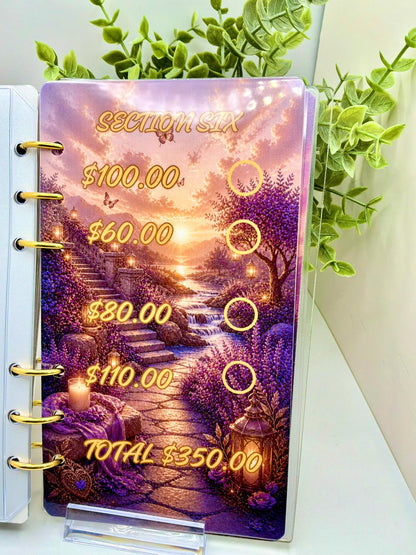 2K Savings Challenge Binder | A6 Cash Stuffing Budget Planner, Faith Inspired Purple Sunset Design