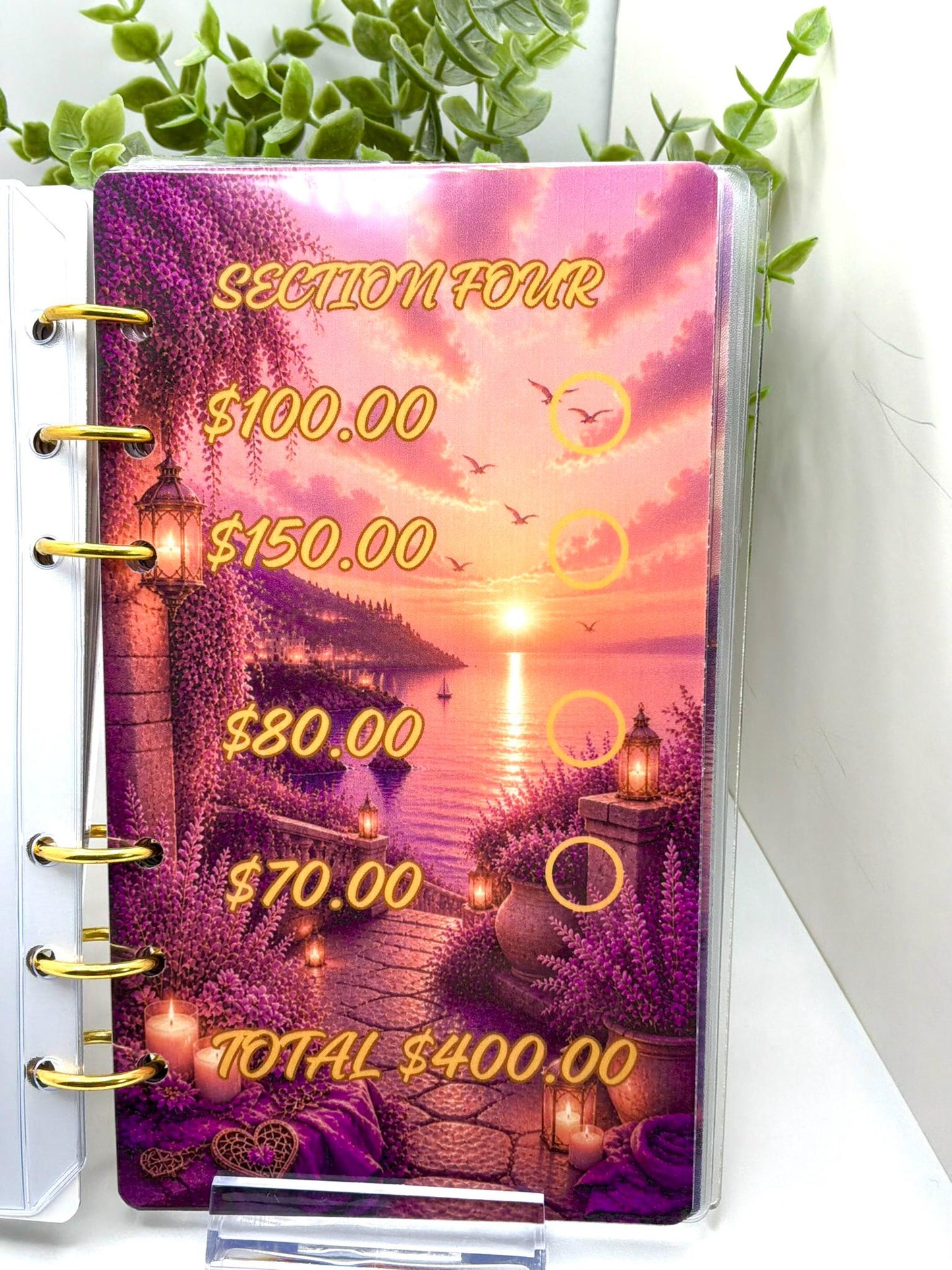 2K Savings Challenge Binder | A6 Cash Stuffing Budget Planner, Faith Inspired Purple Sunset Design