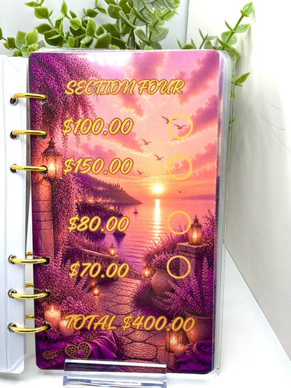 2K Savings Challenge Binder | A6 Cash Stuffing Budget Planner, Faith Inspired Purple Sunset Design