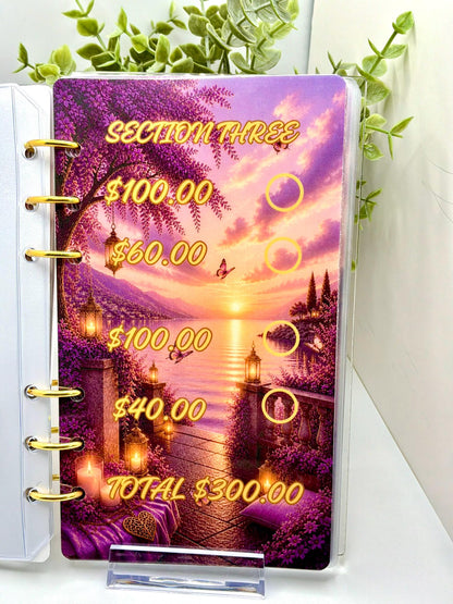 2K Savings Challenge Binder | A6 Cash Stuffing Budget Planner, Faith Inspired Purple Sunset Design