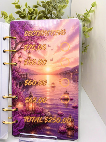 2K Savings Challenge Binder | A6 Cash Stuffing Budget Planner, Faith Inspired Purple Sunset Design