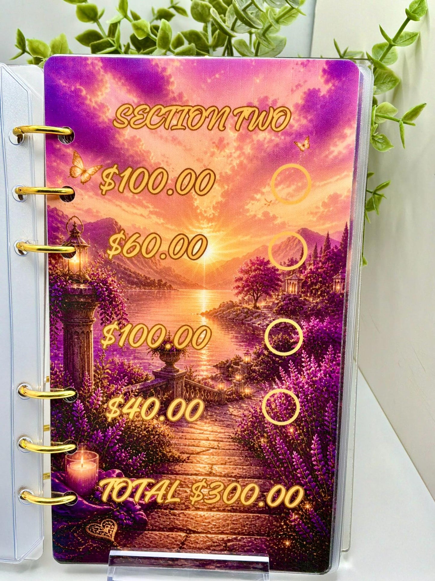 2K Savings Challenge Binder | A6 Cash Stuffing Budget Planner, Faith Inspired Purple Sunset Design