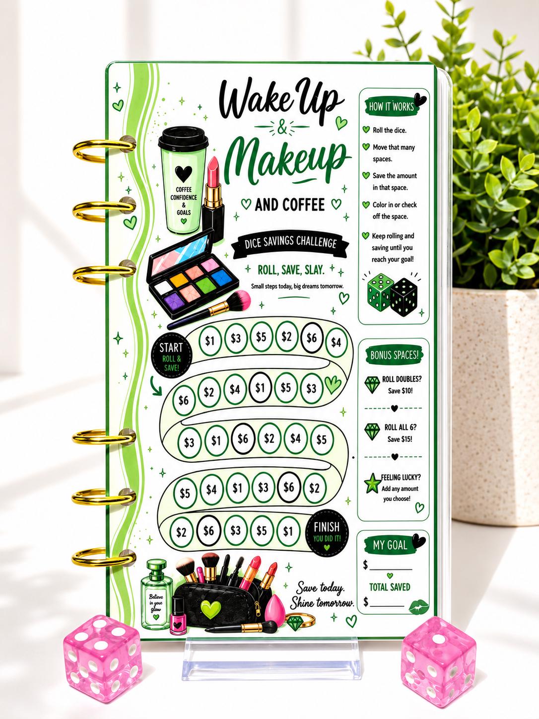 Wake Up and Makeup Dice Savings Challenge Bundle | A6 Cash Stuffing Binder