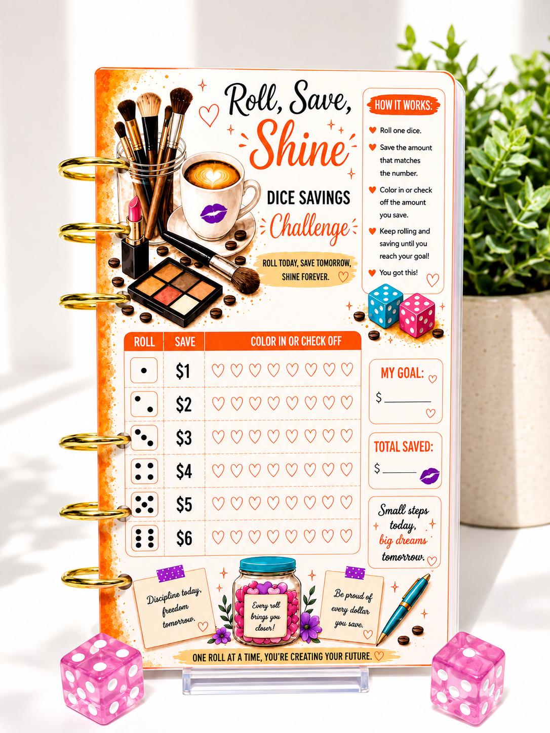 Wake Up and Makeup Dice Savings Challenge Bundle | A6 Cash Stuffing Binder