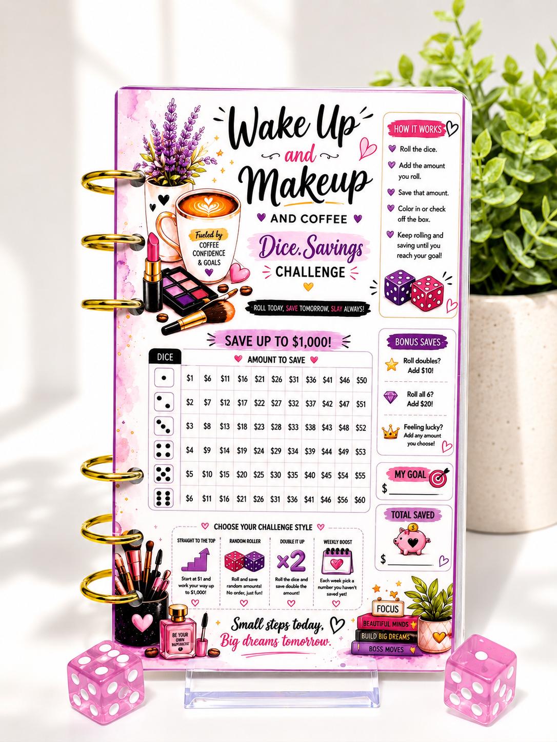 Wake Up and Makeup Dice Savings Challenge Bundle | A6 Cash Stuffing Binder