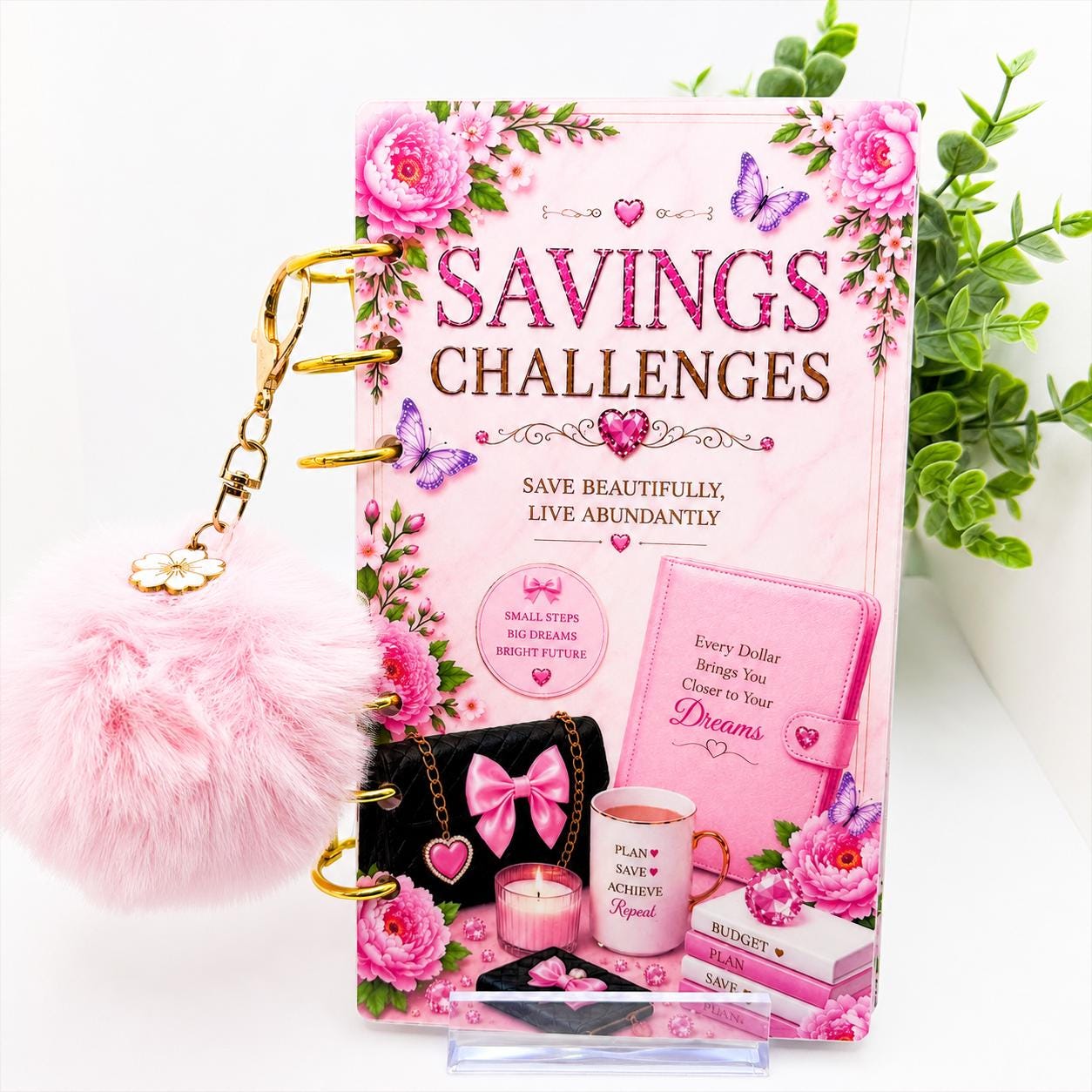 A6 Budget Binder Bundle | 6 Savings Challenge Cards | Cash Stuffing Organizer | Money Saving Tracker | Pom Pom Keychain