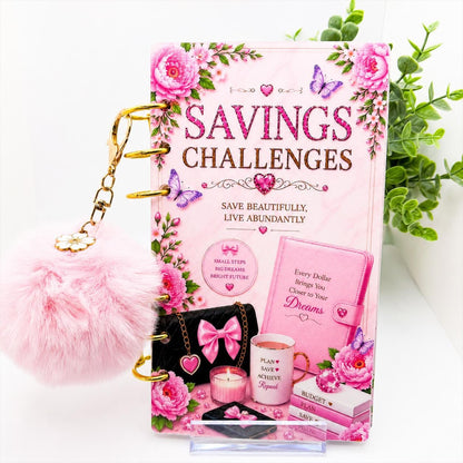 A6 Budget Binder Bundle | 6 Savings Challenge Cards | Cash Stuffing Organizer | Money Saving Tracker | Pom Pom Keychain