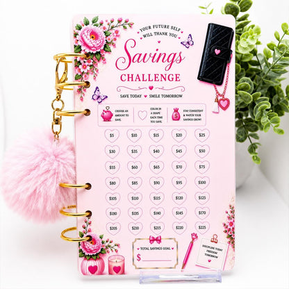 A6 Budget Binder Bundle | 6 Savings Challenge Cards | Cash Stuffing Organizer | Money Saving Tracker | Pom Pom Keychain