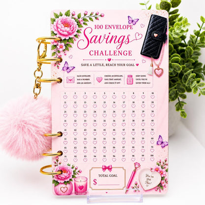 A6 Budget Binder Bundle | 6 Savings Challenge Cards | Cash Stuffing Organizer | Money Saving Tracker | Pom Pom Keychain