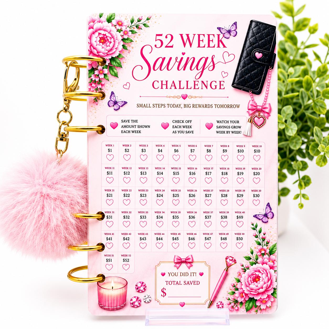 A6 Budget Binder Bundle | 6 Savings Challenge Cards | Cash Stuffing Organizer | Money Saving Tracker | Pom Pom Keychain