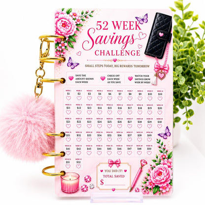 A6 Budget Binder Bundle | 6 Savings Challenge Cards | Cash Stuffing Organizer | Money Saving Tracker | Pom Pom Keychain
