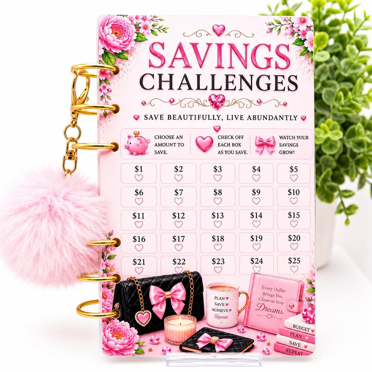 A6 Budget Binder Bundle | 6 Savings Challenge Cards | Cash Stuffing Organizer | Money Saving Tracker | Pom Pom Keychain