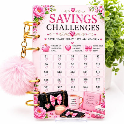 A6 Budget Binder Bundle | 6 Savings Challenge Cards | Cash Stuffing Organizer | Money Saving Tracker | Pom Pom Keychain