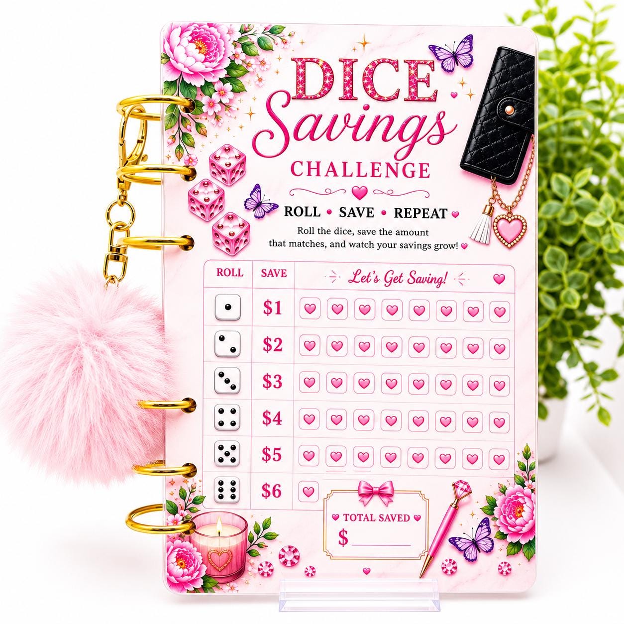 A6 Budget Binder Bundle | 6 Savings Challenge Cards | Cash Stuffing Organizer | Money Saving Tracker | Pom Pom Keychain