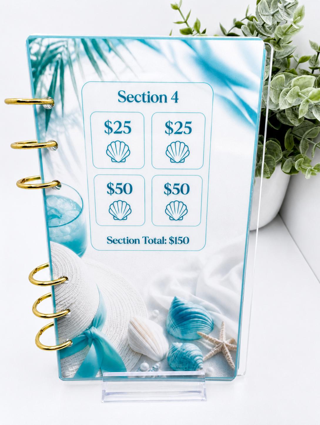 1K Vacation Savings Challenge Acrylic Binder Bundle with Cash Envelopes and Pom-Pom