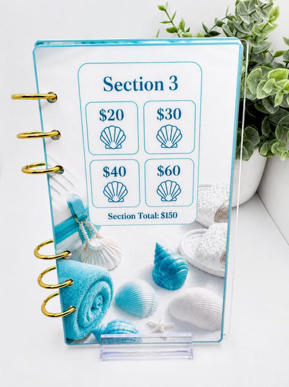 1K Vacation Savings Challenge Acrylic Binder Bundle with Cash Envelopes and Pom-Pom