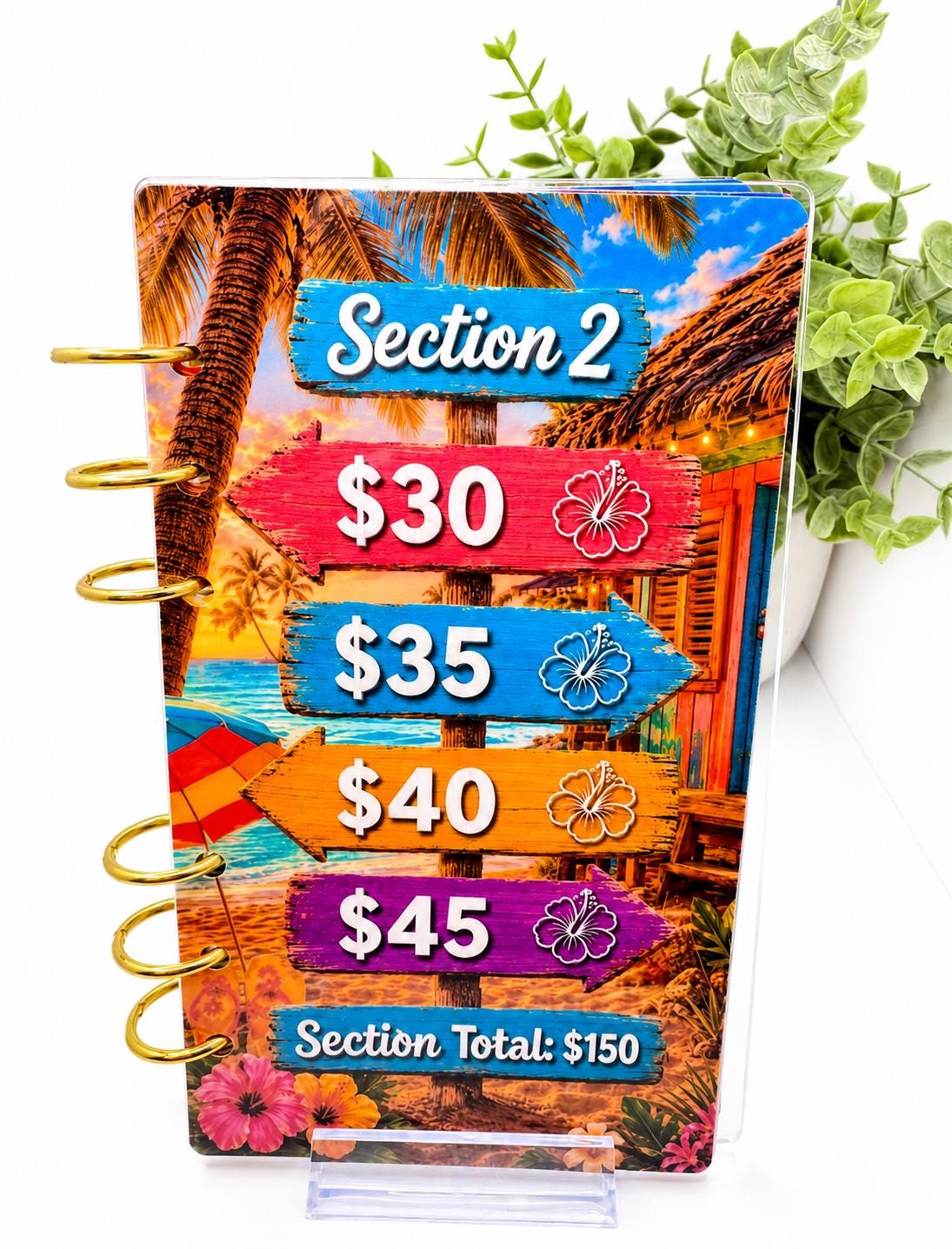Tropical 1K Vacation Savings Challenge Acrylic Binder Bundle with Cash Envelopes and Pom-Pom
