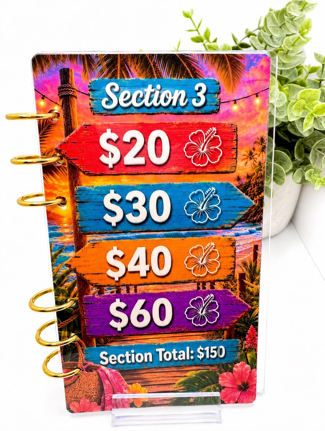 Tropical 1K Vacation Savings Challenge Acrylic Binder Bundle with Cash Envelopes and Pom-Pom