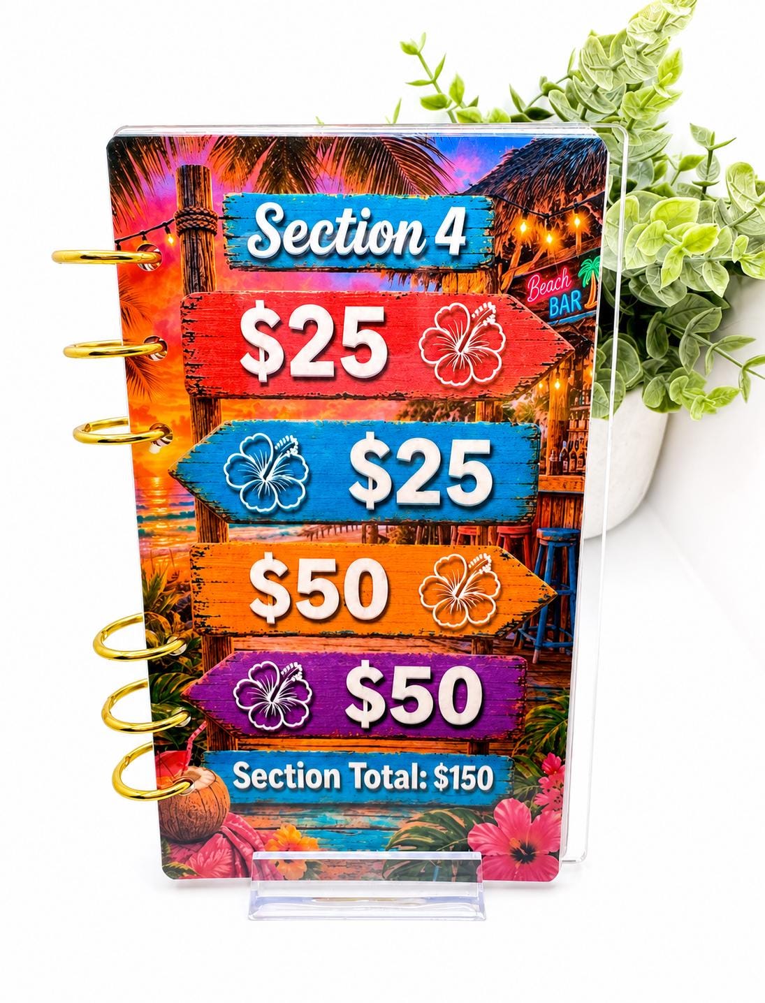 Tropical 1K Vacation Savings Challenge Acrylic Binder Bundle with Cash Envelopes and Pom-Pom