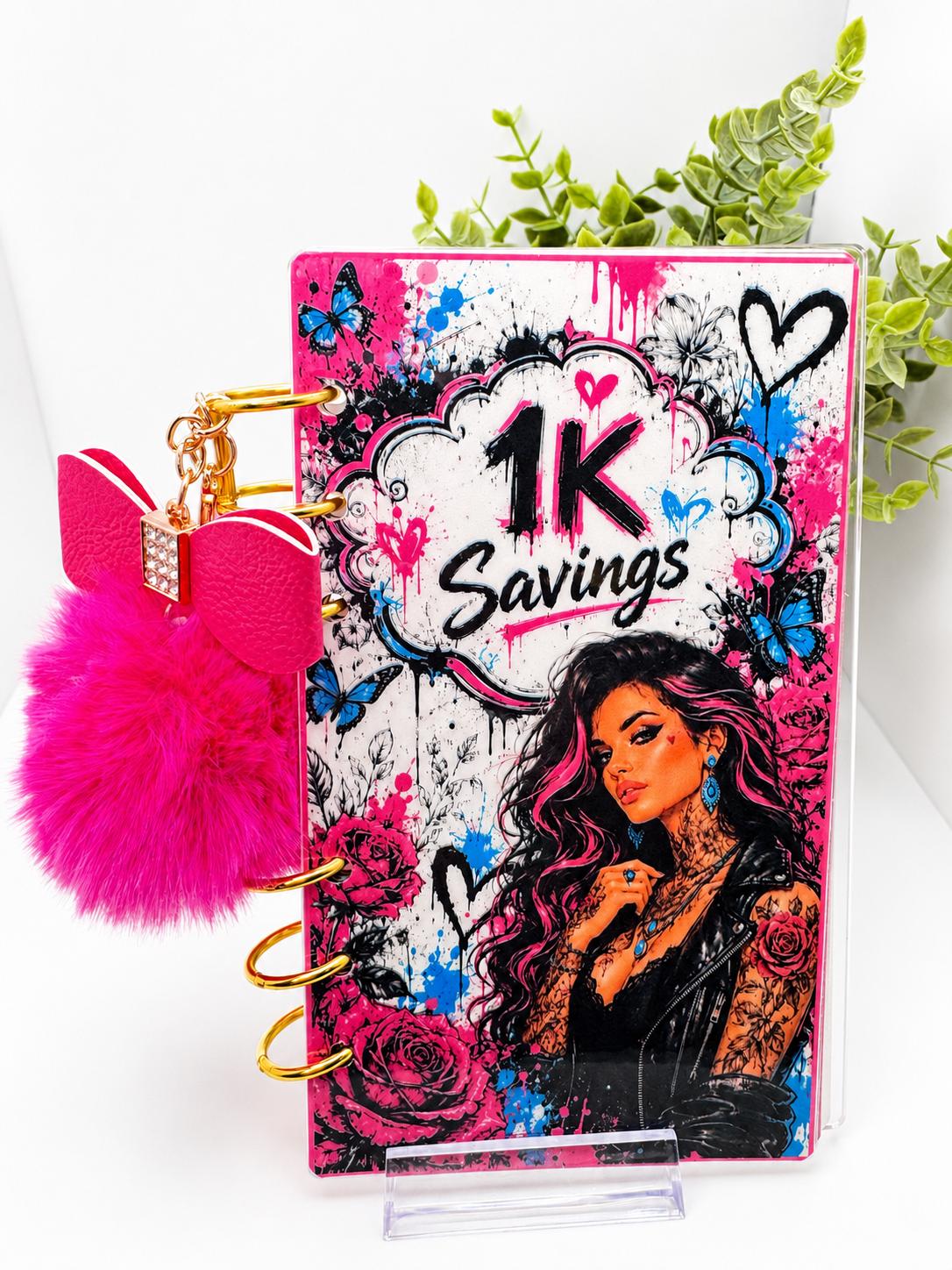 1K Savings Challenge Acrylic Binder Bundle with Cash Envelopes and Pink Pom-Pom