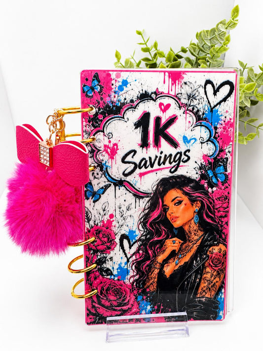 1K Savings Challenge Acrylic Binder Bundle with Cash Envelopes and Pink Pom-Pom