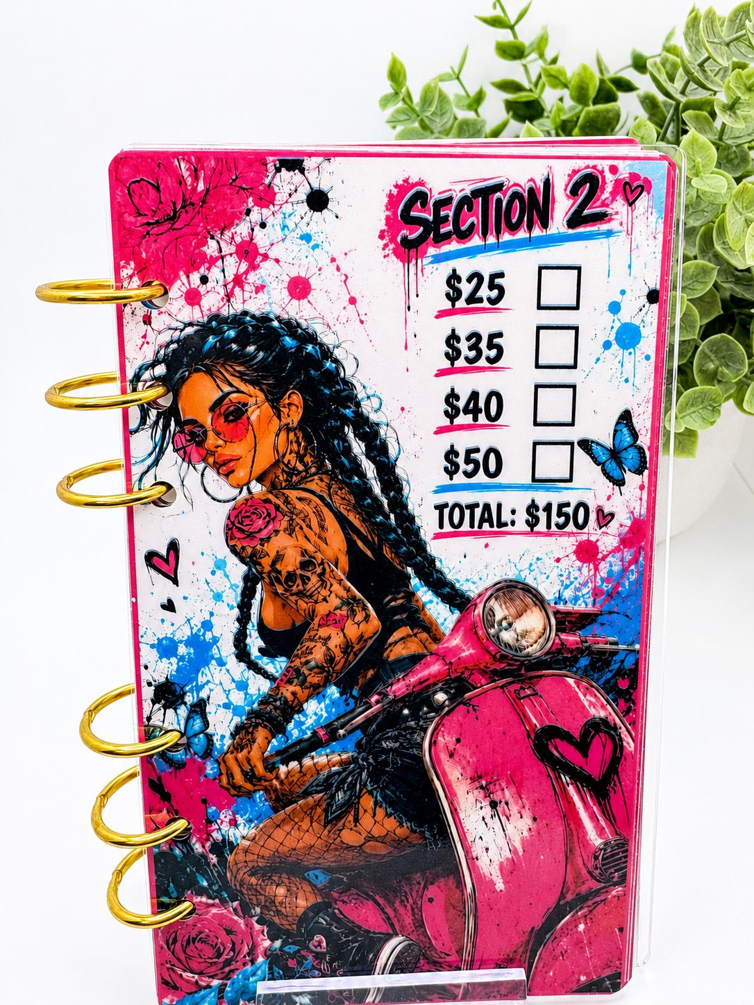 1K Savings Challenge Acrylic Binder Bundle with Cash Envelopes and Pink Pom-Pom