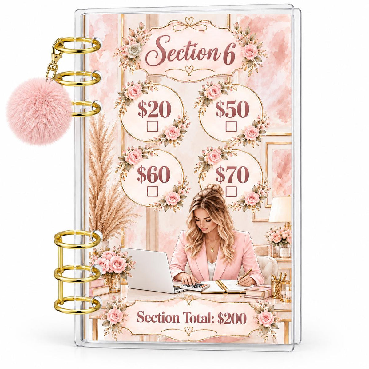 1K Savings Challenge A6 Cash Binder with Pink Pom-Pom
