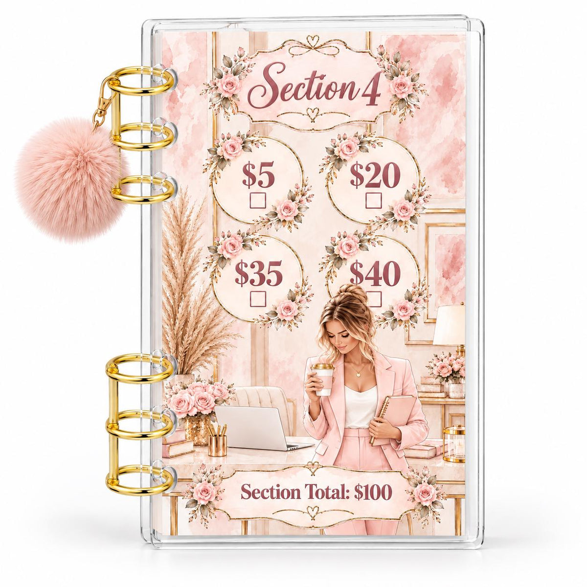 1K Savings Challenge A6 Cash Binder with Pink Pom-Pom