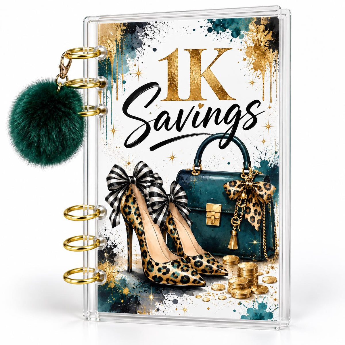 1K Savings Challenge Binder, A6 Acrylic Budget Planner, Green Pom Pom