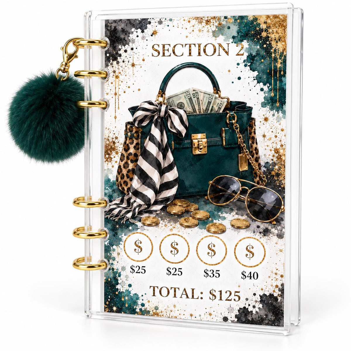 1K Savings Challenge Binder, A6 Acrylic Budget Planner, Green Pom Pom