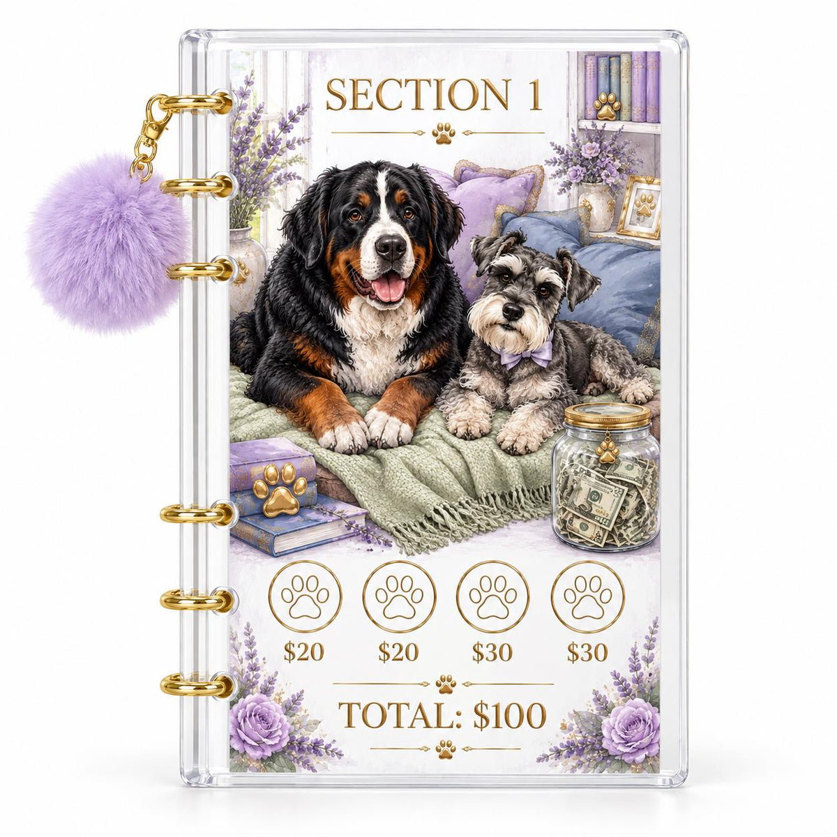 Dog 1K Savings Challenge Binder A6 Clear Acrylic Cash Budget Bundle