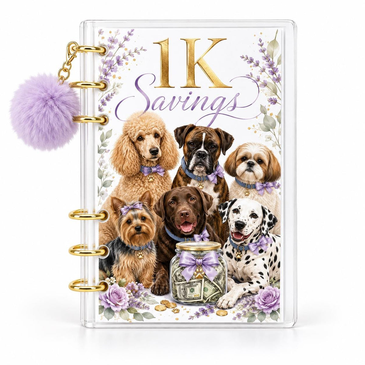 Dog 1K Savings Challenge Binder A6 Clear Acrylic Cash Budget Bundle