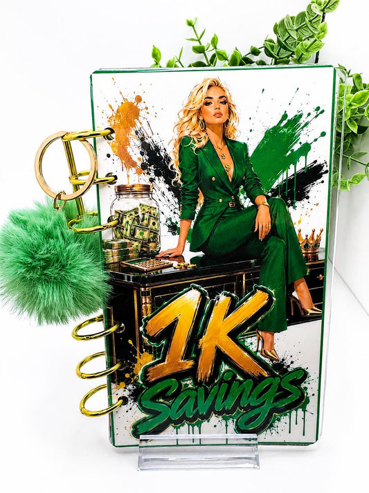 1K Savings Challenge Clear Acrylic Binder Bundle with Cash Envelopes, Trackers and Pom-Pom