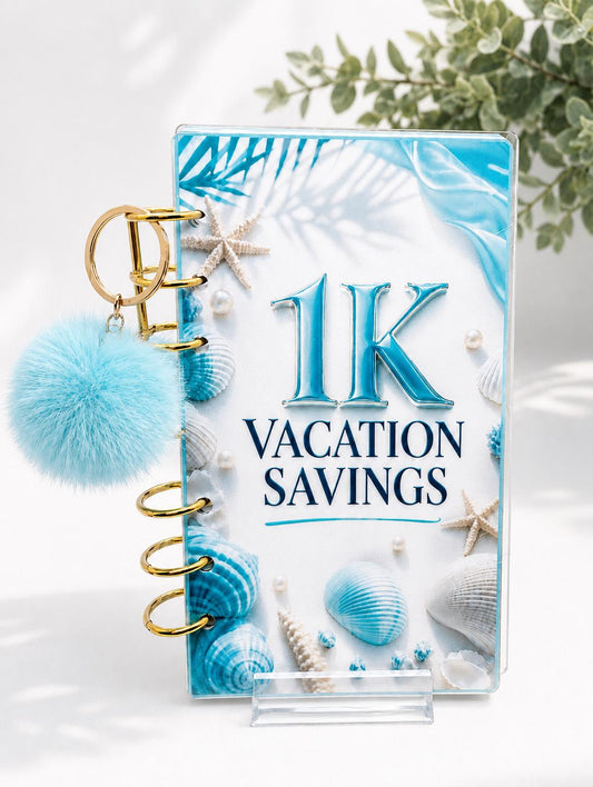 1K Vacation Savings Challenge Acrylic Binder Bundle with Cash Envelopes and Pom-Pom