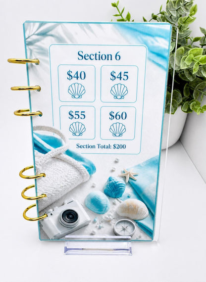 1K Vacation Savings Challenge Acrylic Binder Bundle with Cash Envelopes and Pom-Pom