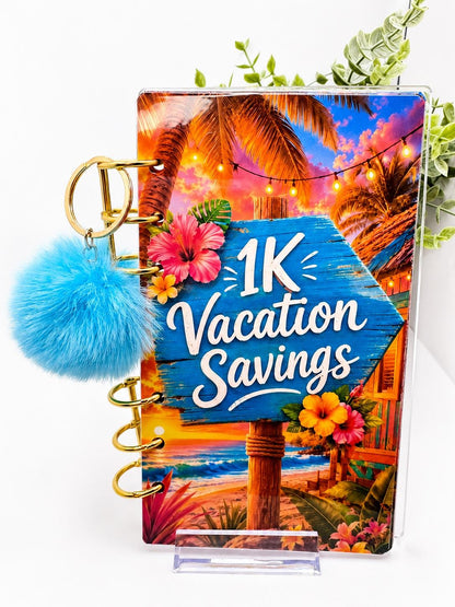 Tropical 1K Vacation Savings Challenge Acrylic Binder Bundle with Cash Envelopes and Pom-Pom