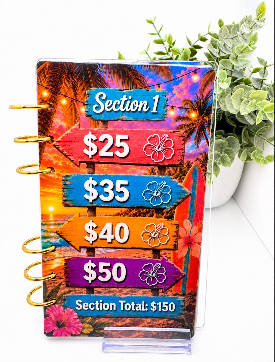 Tropical 1K Vacation Savings Challenge Acrylic Binder Bundle with Cash Envelopes and Pom-Pom