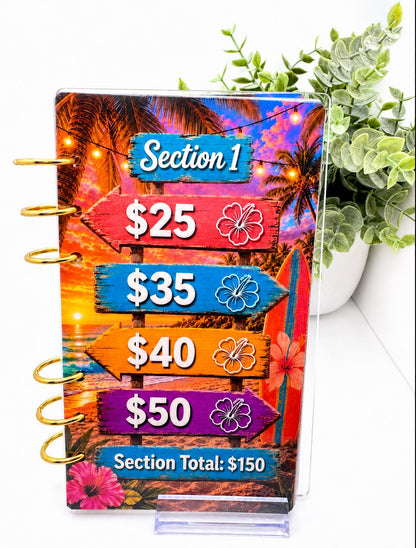 Tropical 1K Vacation Savings Challenge Acrylic Binder Bundle with Cash Envelopes and Pom-Pom