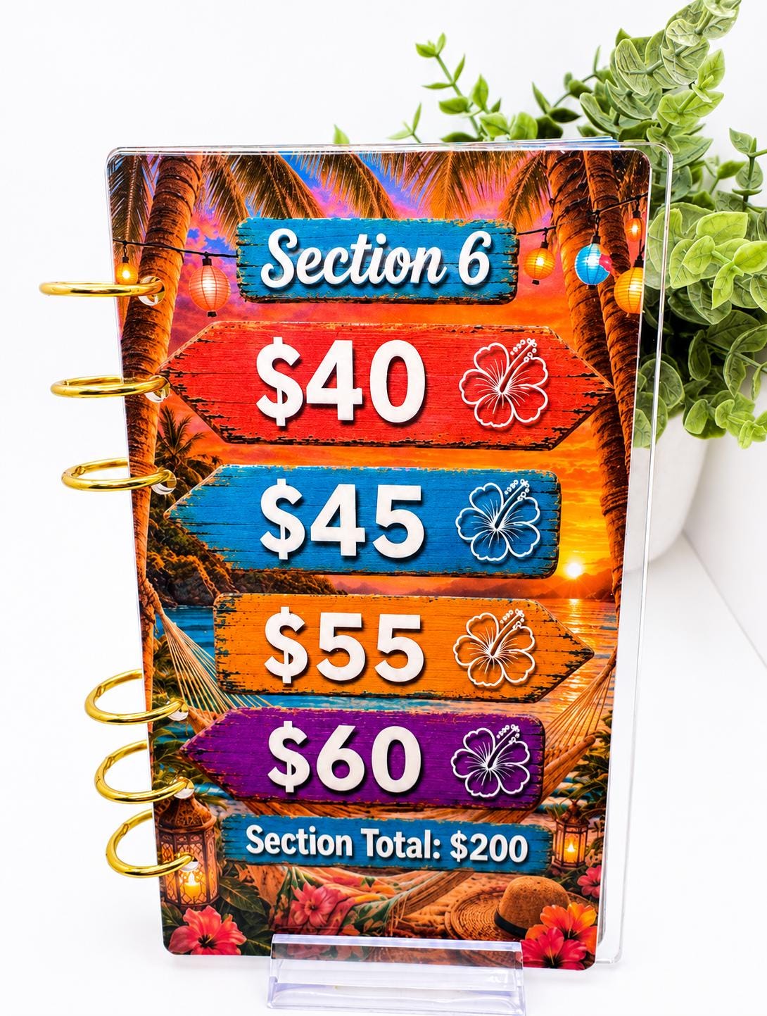 Tropical 1K Vacation Savings Challenge Acrylic Binder Bundle with Cash Envelopes and Pom-Pom