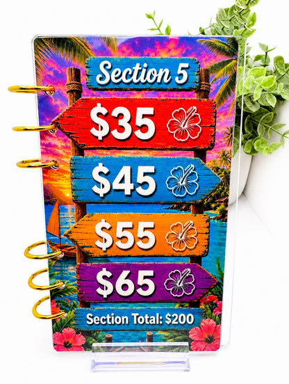 Tropical 1K Vacation Savings Challenge Acrylic Binder Bundle with Cash Envelopes and Pom-Pom