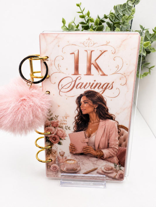 Blush 1K Savings Challenge Acrylic Binder Bundle with Cash Envelopes and Pom-Pom