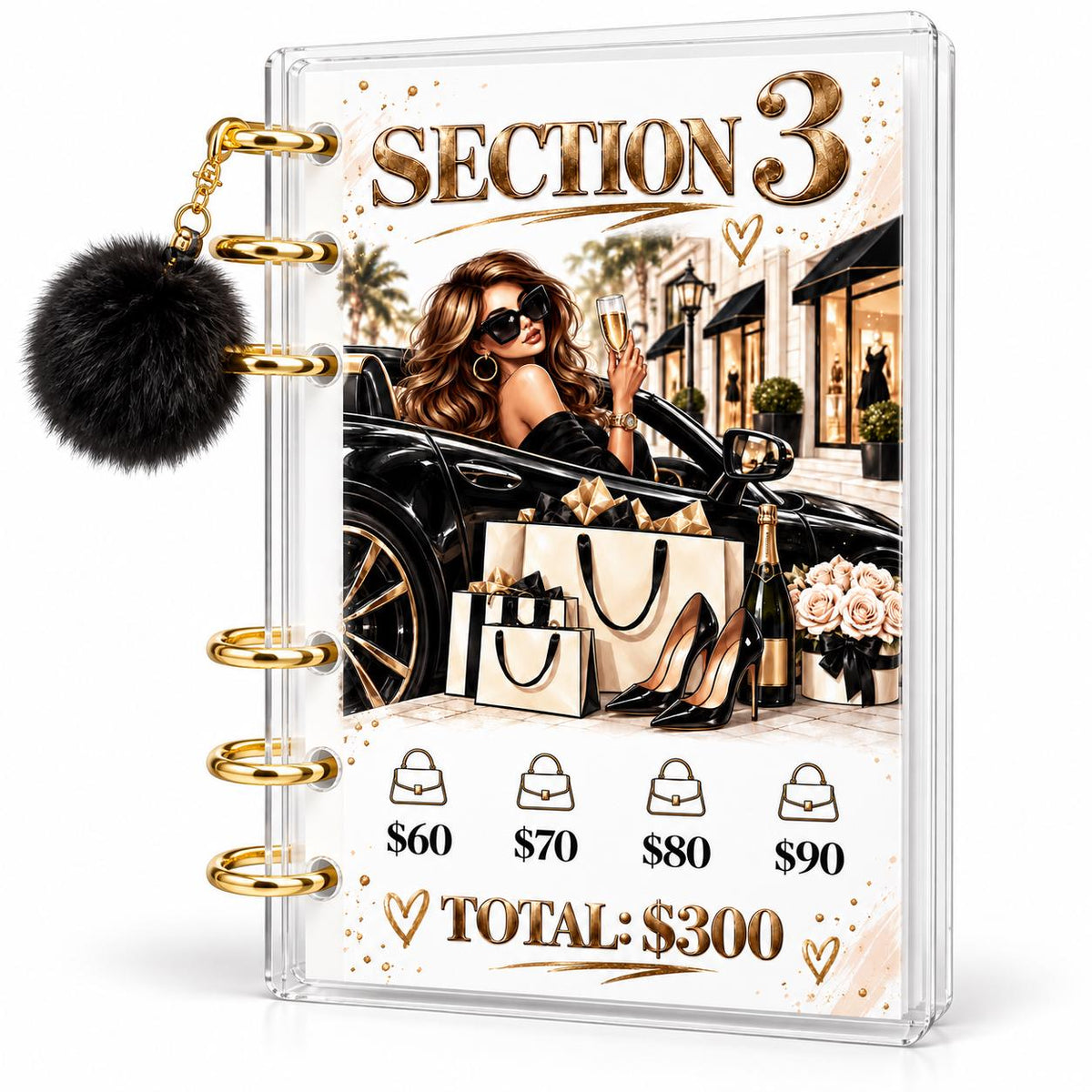 2K Savings Challenge A6 Clear Acrylic Budget Binder With Black Pom Pom