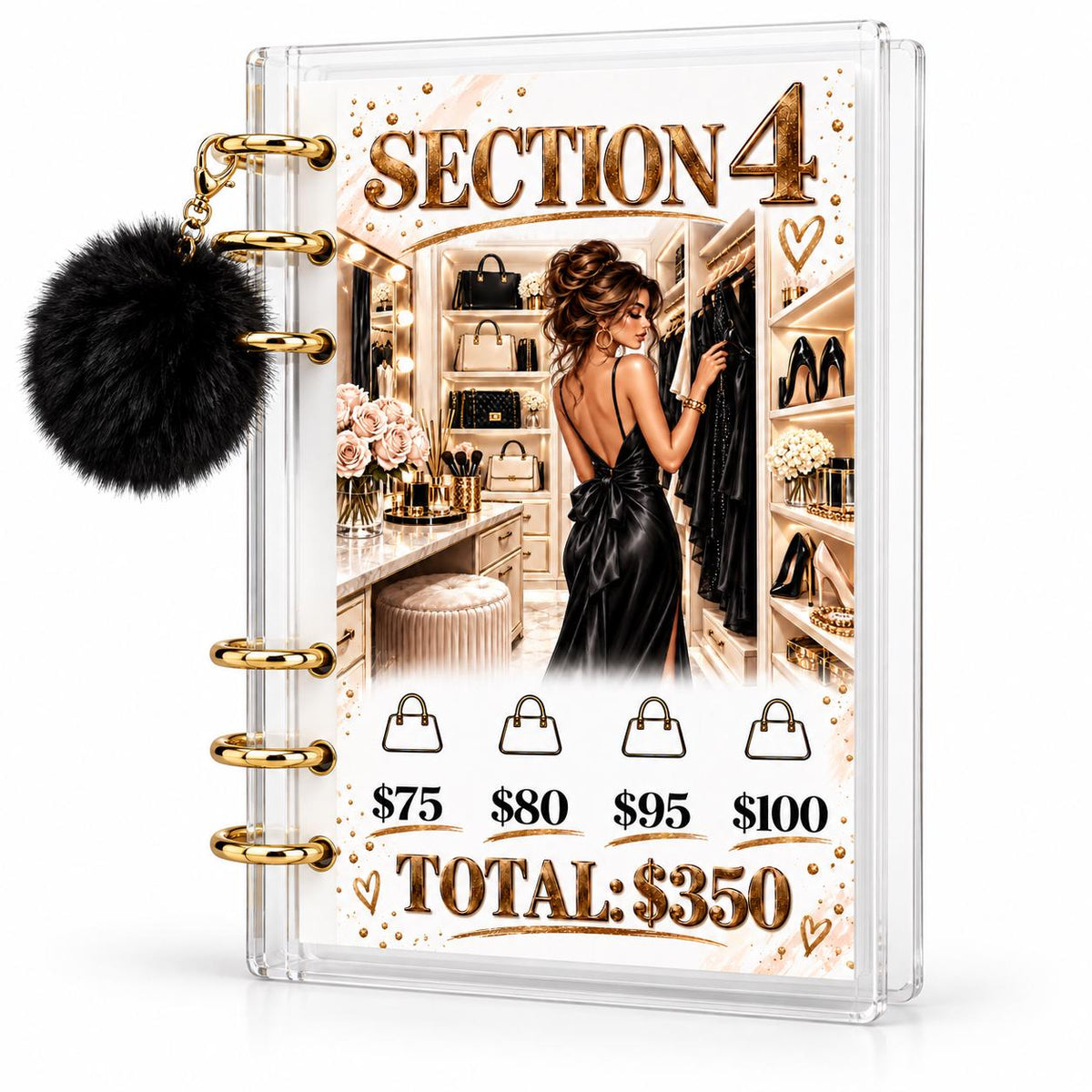 2K Savings Challenge A6 Clear Acrylic Budget Binder With Black Pom Pom