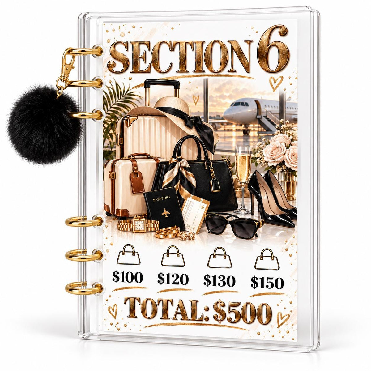 2K Savings Challenge A6 Clear Acrylic Budget Binder With Black Pom Pom