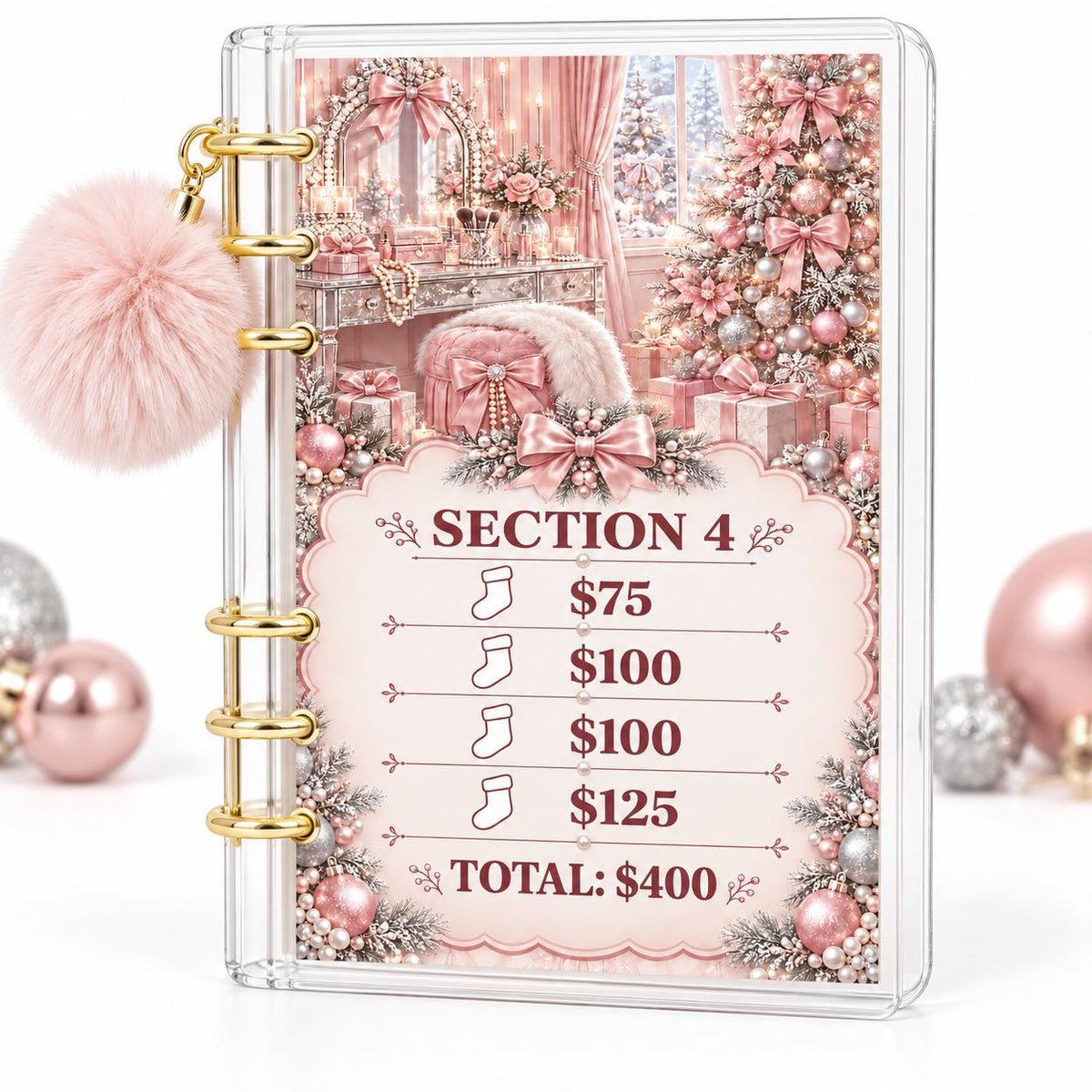 Pink Christmas 2K Savings Challenge A6 Acrylic Budget Binder With Pom Pom