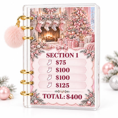 Pink Christmas 2K Savings Challenge A6 Acrylic Budget Binder With Pom Pom